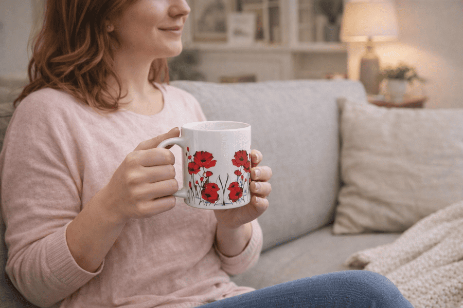 žena sedí a drží šálku mk